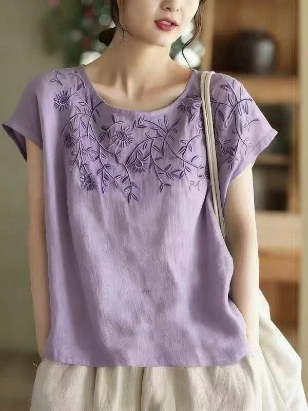 

Korean Style Summer Cotton Linen New Retro Heavy Embroidery round Neck T-Shirt Women Elegant Thin Overhead Match All Women