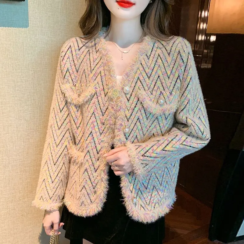 Autumn Winter Women Clothing Fashion Elegant Chic Striped Single Breasted Knitted Cardigan V Neck Long Sleeve Sweet Sweater Coat