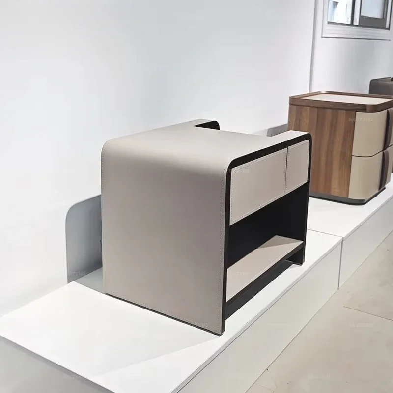 Modern luxury minimalist design leather surface solid wood bedside table with a drawer