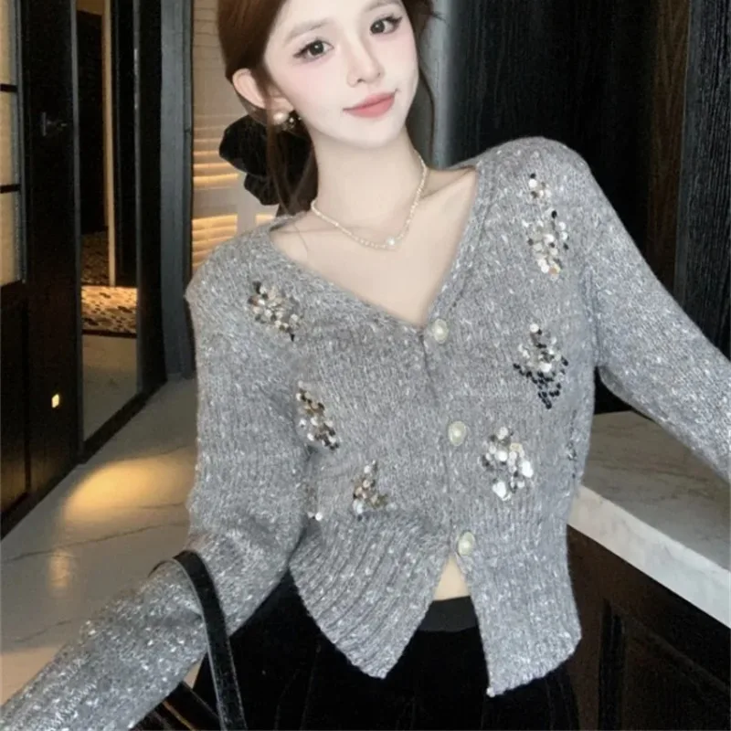 Sequine Knit Cardigan V-neck Long Sleeve Outerwears Spring New Sweater Exquisite Single Breasted Women Clothing New Cardigans