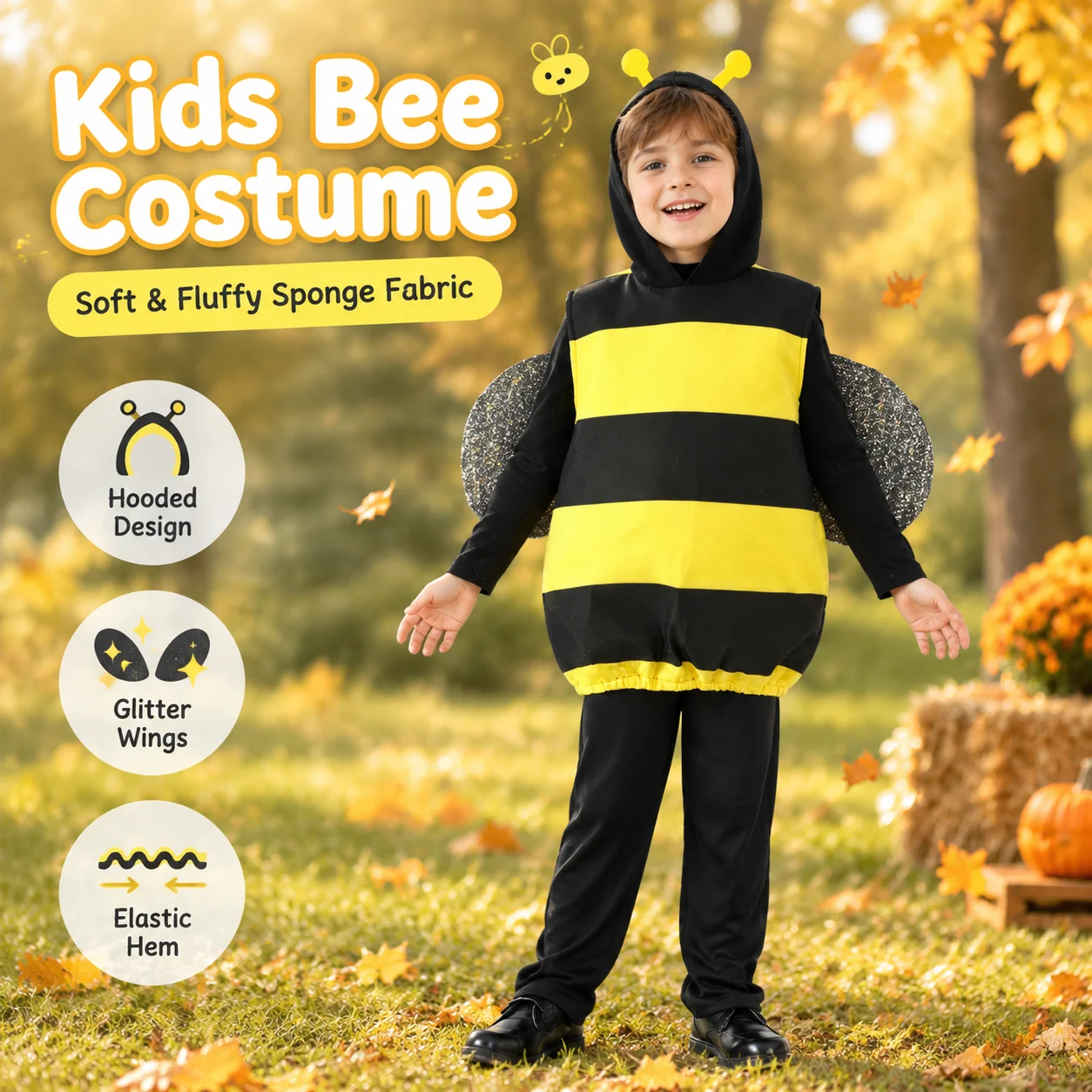 Kids Bee Outfit, Children Bee Sleeveless Hooded Vest with Wings, Party costumes, halloween costumes, cosplay carnival costumes - view 2
