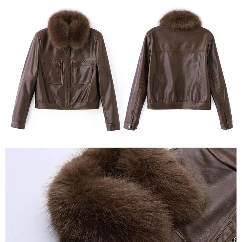خريف شتاء جديد بولي Leather سترة جلدية المرأة قاطرة أفخم بطانة سميكة الدافئة فضفاضة إعادة تجميع الفراء معطف متكامل الإناث بلوزات قصيرة
