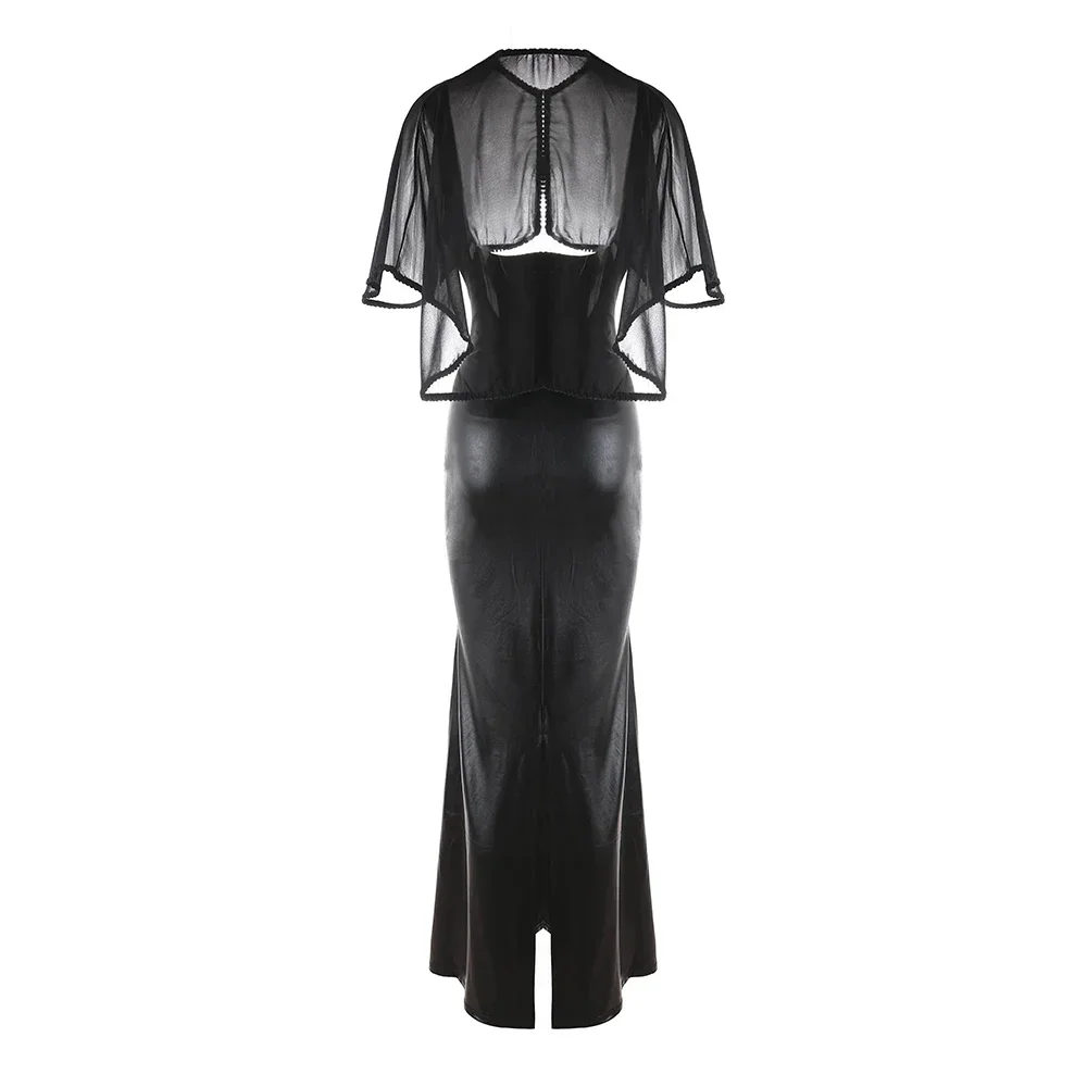 Vestido de mujer Sexy largo Maxi vestido de malla para discoteca con capa Wetlook vinilo cuero Clubwear fiesta noche Club vestidos