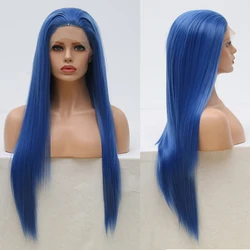 AIMEYA Natural Hairline Blue Wig Long Silky Straight Lace Front Wigs Free Part Heat Resistant Synthetic Hair Daily Use Cosplay