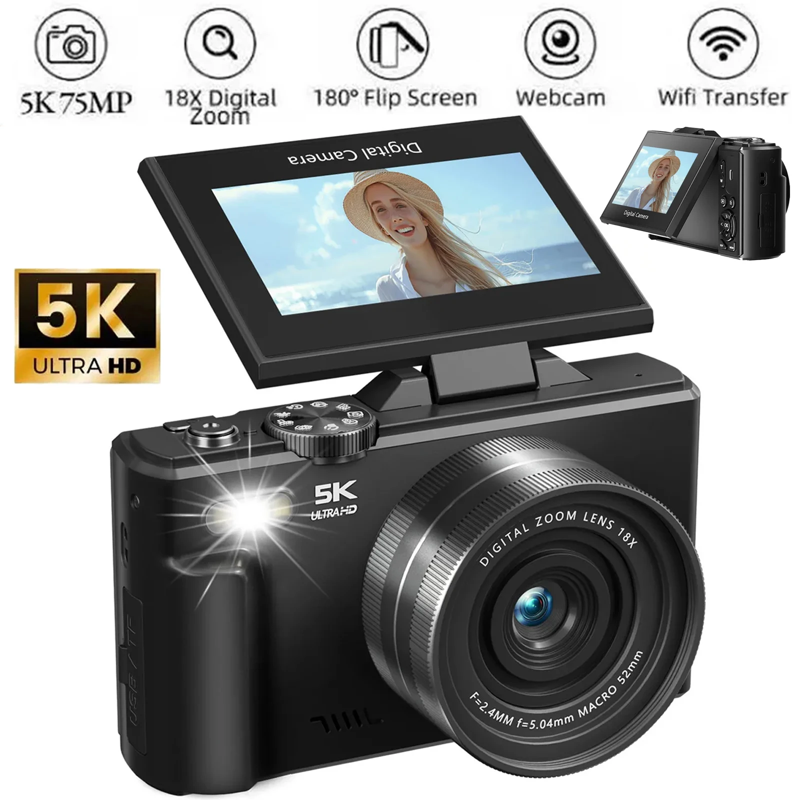 5K 75MP WiFiデジタルカメラ 18倍ズーム 写真撮影＆YouTube動画撮影用