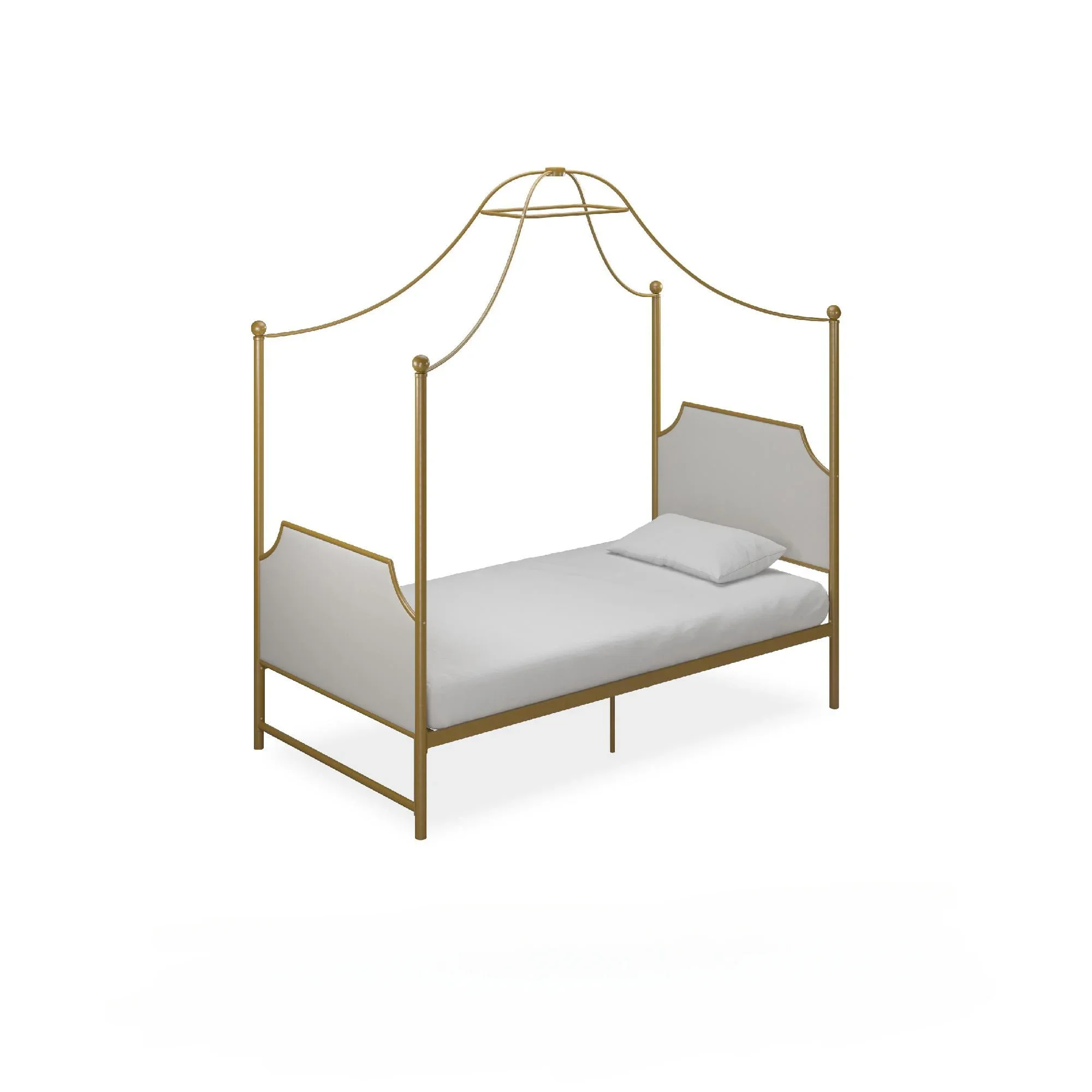 

%a Monarch Hill Clementine Canopy Bed Twin Size Frame Gold Sturdy gilded metal canopy bed frame White linen upholstered head