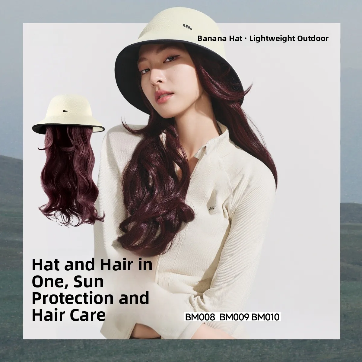 

Banana Le BM009₂₅ Wig Hat Inteated Sun Protection Cap Wig Piece Long Straight Highlighted Full Head Cover Women