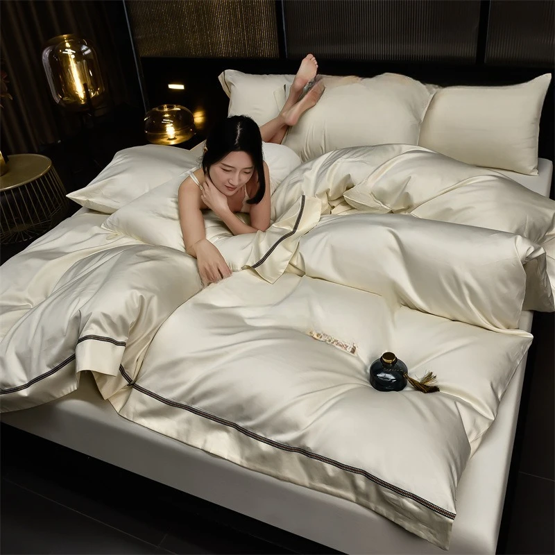 طقم مكون من أربع قطع من القطن طويل التيلة، غطاء لحاف قبعة من القطن، فراش عالي الجودة. #3