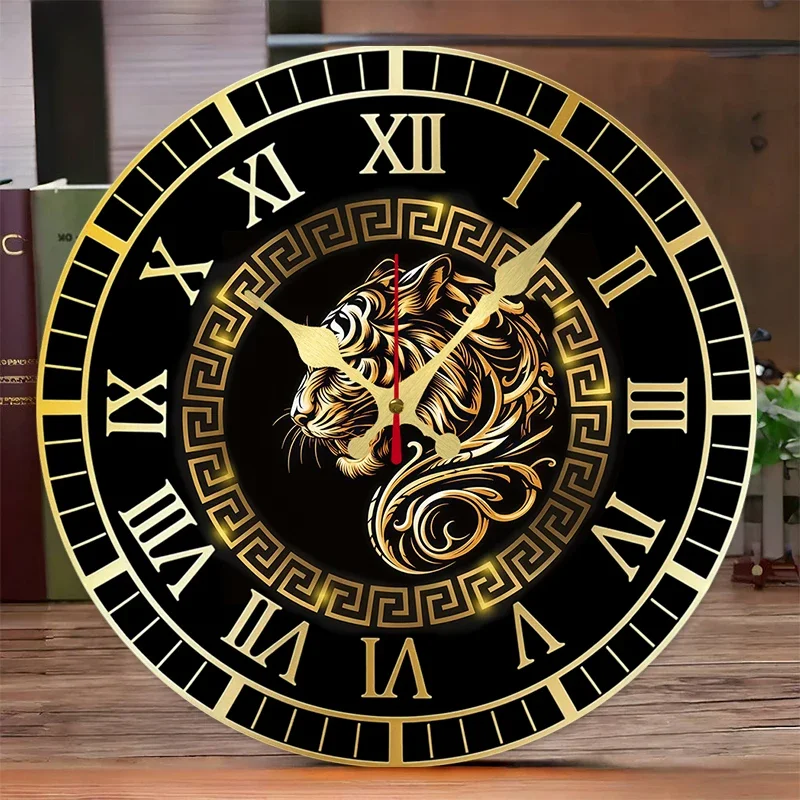 Golden Tiger Design Wooden Round Silent Hanging Wall Clock, Suitable For Living Room, Office,Study Room,Bedroom,Home Decoration.