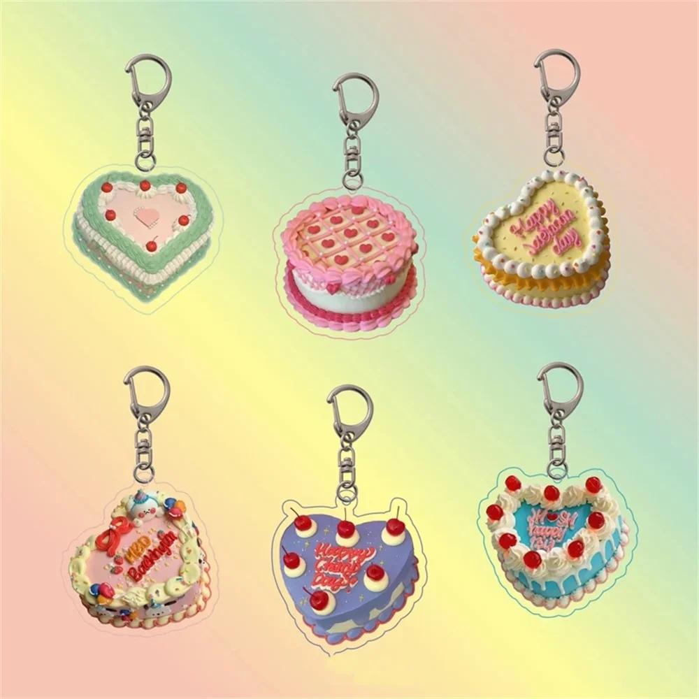 Vintage Colored Birthday Cake Key Buckle Acrylic Cartoon Backpack Ornaments  Airpods Decorative Pendant Car Keychain Toy Gift