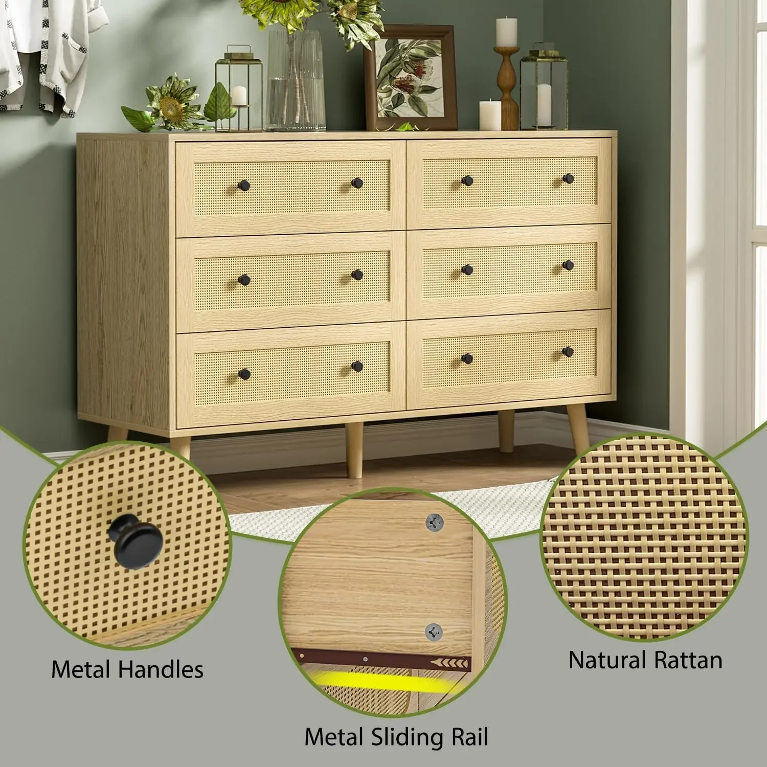 Dresser for Bedroom, Modern 6 Drawer Double Dresser with Black Handles, Boho Natural Wood Dressers & Chests for Bedroom Hallway