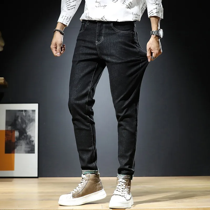 Autumn Men Jeans Korean Style Streetwear Black Slim Fit Pants Casual Stretch Denim Trousers