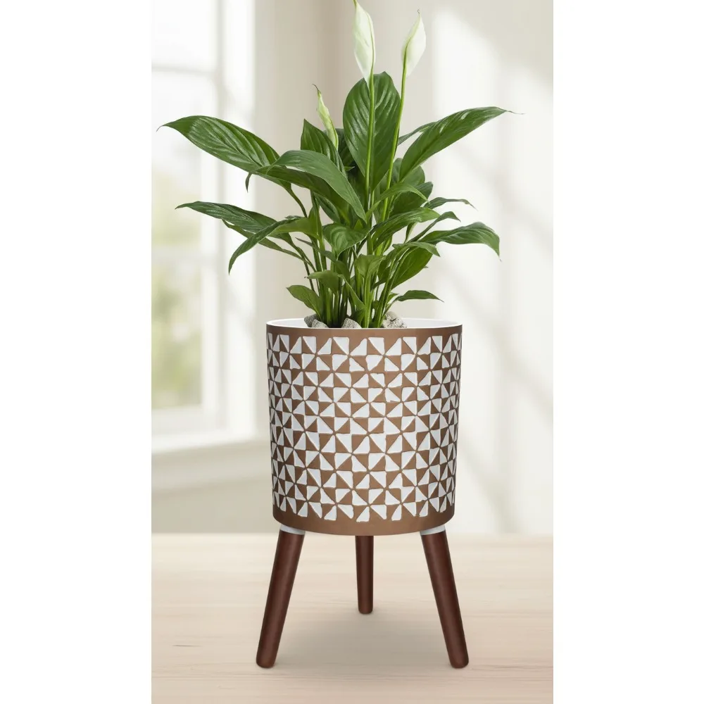 

10 Inch Modern Plant Pot with Wood Stand - Large White Gold Planter for Indoor Plants, Living Room Office Decor