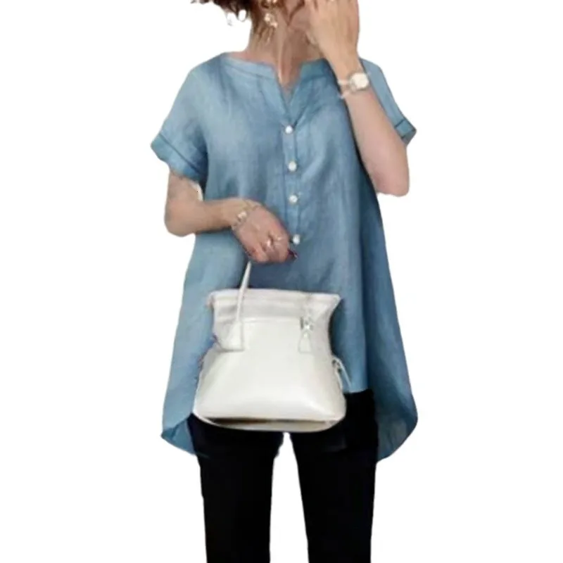 2025 여름 신작 라운드 브이넥 싱글 브레스트 반팔 탑