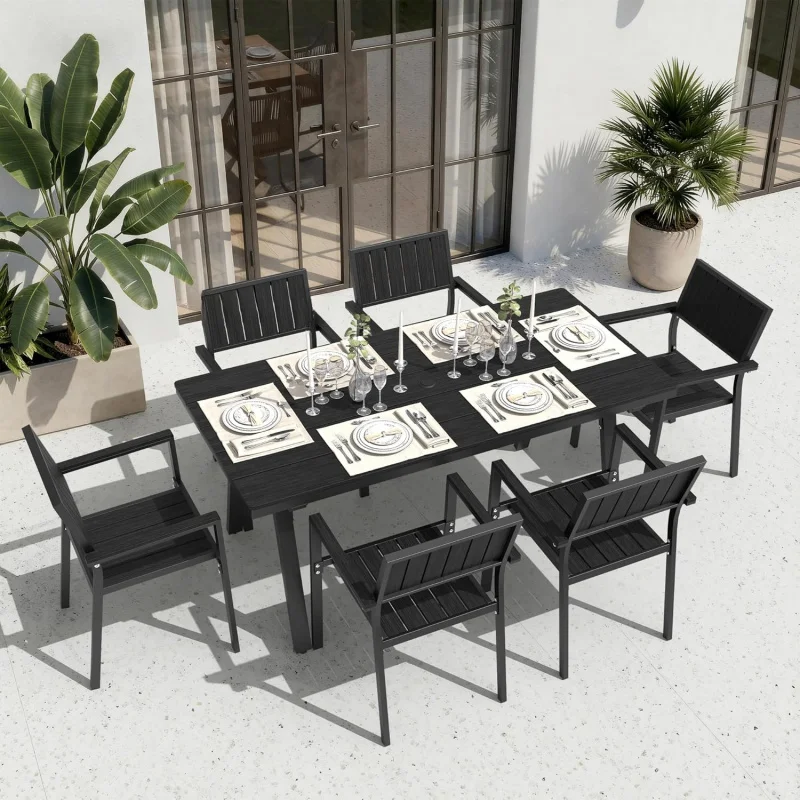 

-Piece Outdoor Dining Set 6, Black Patio Table & Stackable Chairs/Hole, Fade-Resistant All-Weather