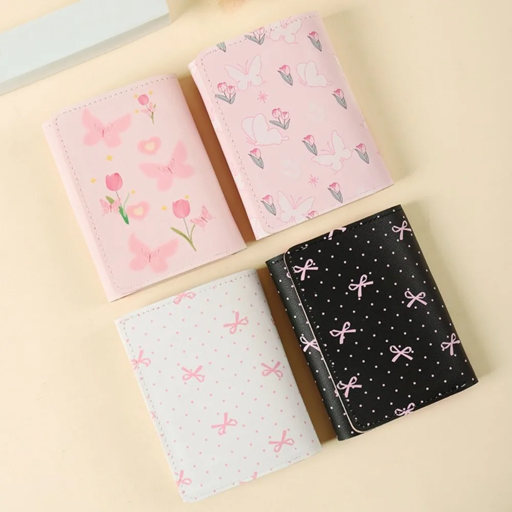 Portable Pink Color Women Wallet Floral Bow PU Leather Photocard Bag Multi Card Coin Purse Outdoor