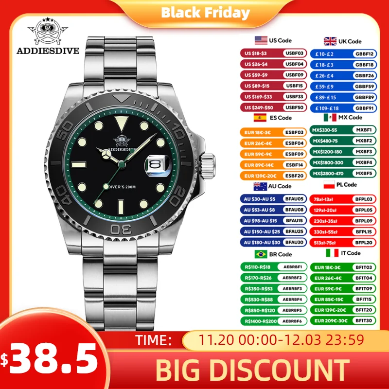 ADDIESDIVE-Reloj de buceo de 41mm para hombre, cronógrafo de cuarzo de lujo, 200m, deportivo, con bisel de acero inoxidable, superluminoso, nuevo