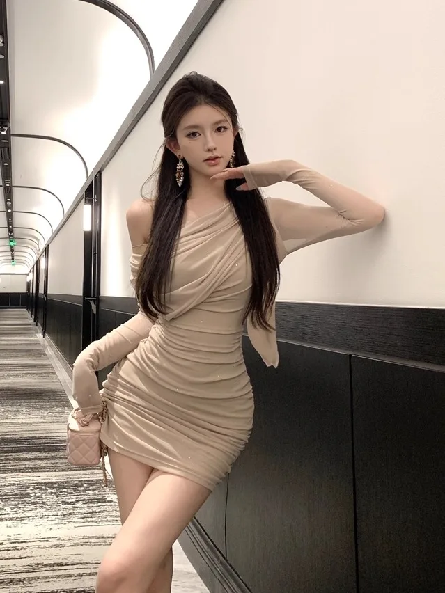 

Early Autumn High-End Bla Tulle Uneven Long Sve Asymmetrical oulder Dr Women's iny Bodycon ort Skirt