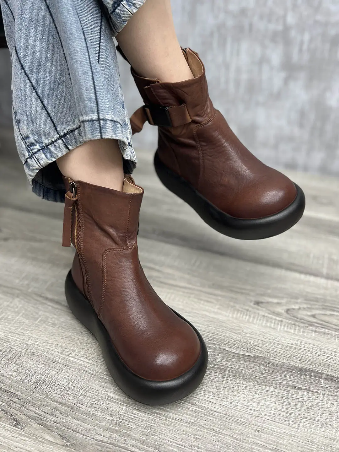 

Birkuir/женские ботильоны на плоской платформе в стиле ретро, туфли на платформе с пряжкой на молнии, роскошные туфли из натуральной кожи с круглым носком на толстом каблуке