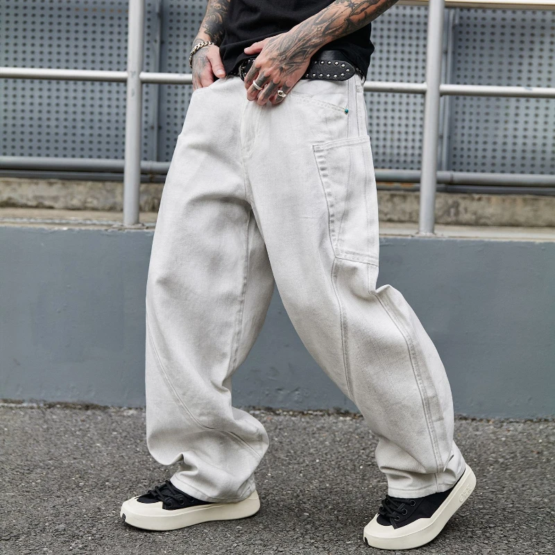جديد عصري فضفاض واسع الساق الأبيض غسلها الدينيم الجينز الرجال منحني سكين السراويل الشارع الشهير العلامة التجارية #3
