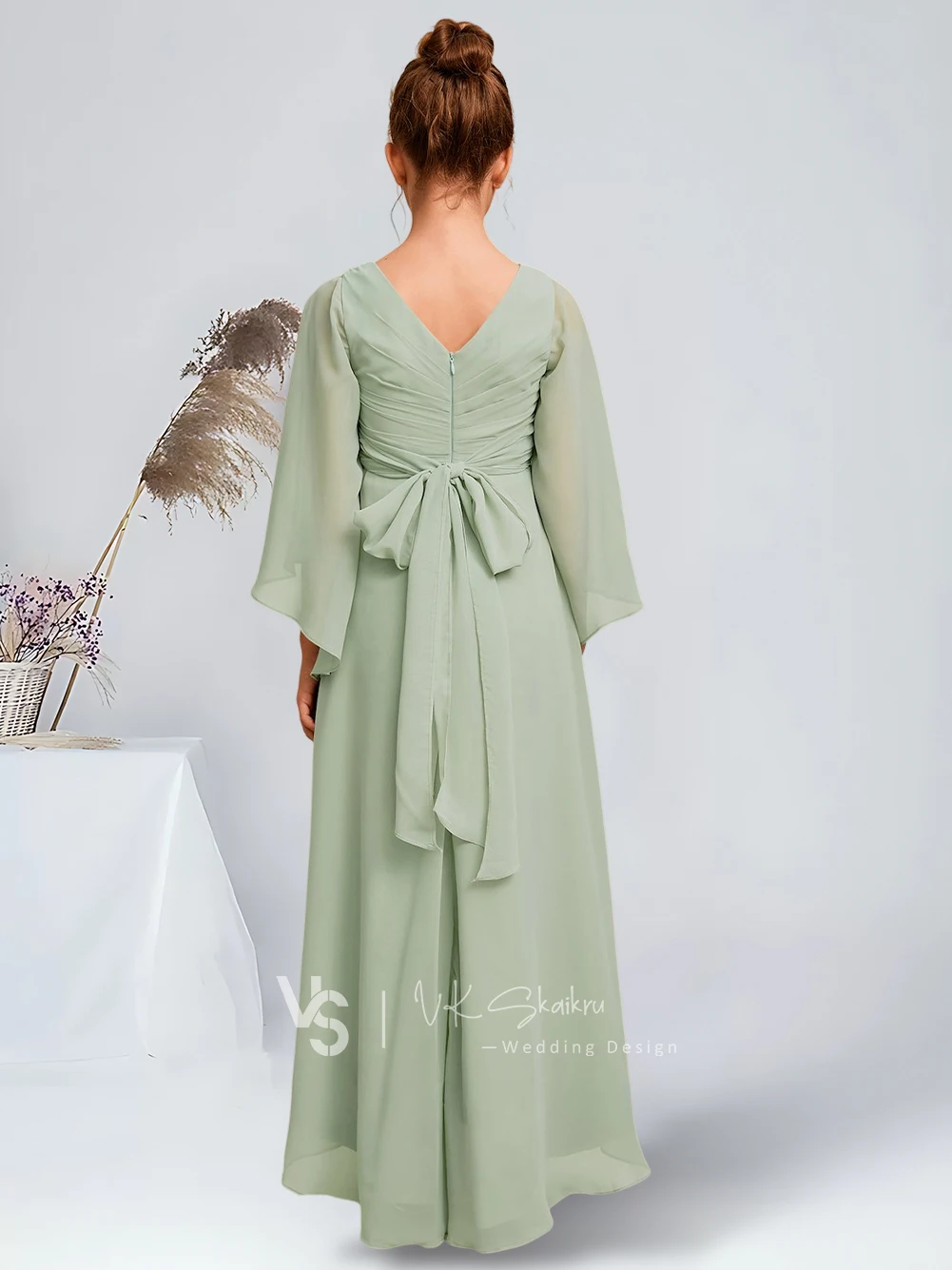 Elegant A-Line V-Neck Asymmetrical Chiffon Junior Bridesmaid Dresses Celadon Stylish Flower Girl Dresses Party Wedding Kid Dance