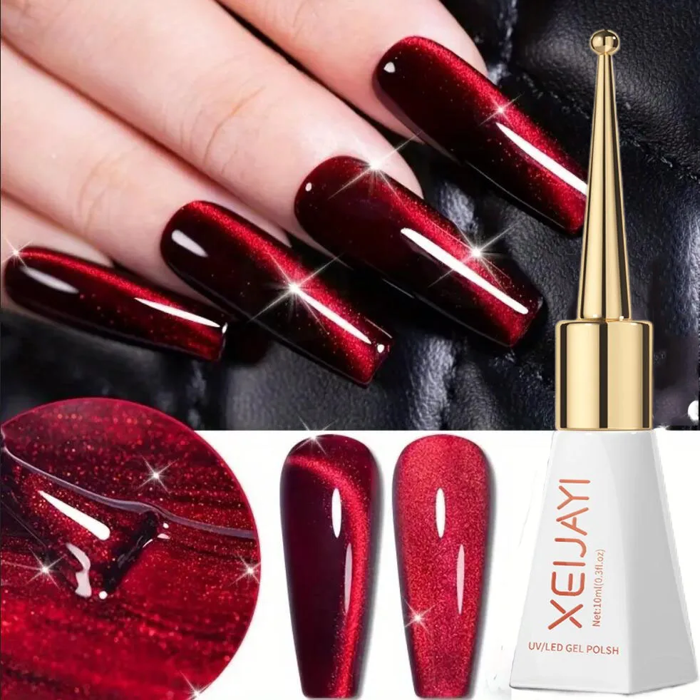 

XEIJAYI 10ml Red Ruby Cat Magnetic Gel Nail Polish Wine Red Sparkling Glass Nail Varnish Semi Permanent Soak Off UV Gel Polish*&