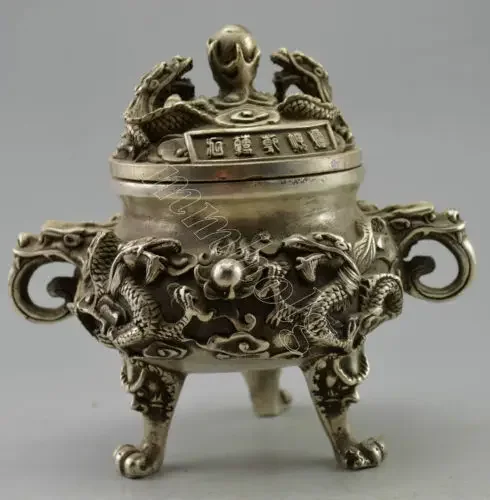 Collectible Decorated Old Tibet Silver Carved Dragon Play Ball Incense Burner Garden Decoration 100% Tibetan silver Bronze