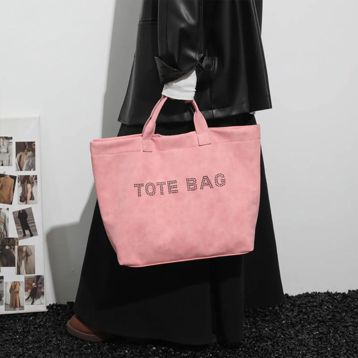 

Lightweight Large Capacity Luxury Tote Bag for Women Velvet Rhinestone Logo Embroidery Velcro PU Water Resistant Comfort Handles