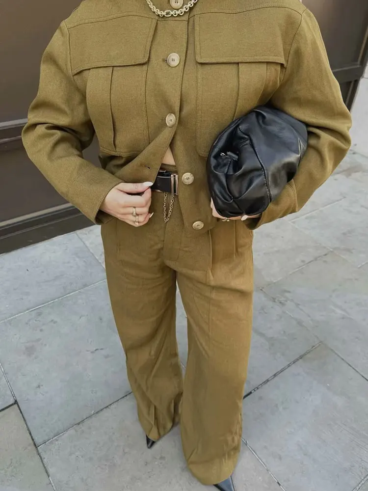 

HH Autumn Pants Sets For Women Vintage Bomber Jackets With Pockets Casual Straight Trousers Fashion High Street Lady Suits