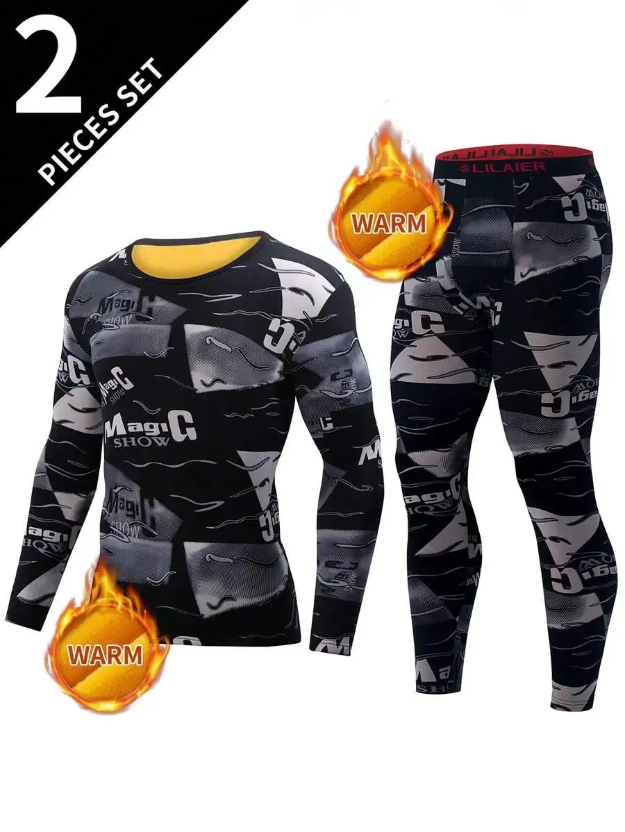 

2-Piece Men's Thermal Base Layer Set with Graphic Print, Long Sleeve Top & Leggings for Cold Weather