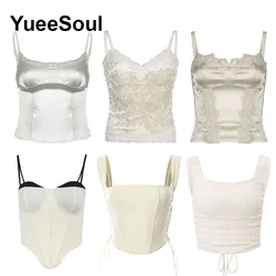 White Y2K Aesthetic Crop Top Elegant Vintage Sleeveless Slim Tank Tops 2024 New Summer 2000s Sweet Fairy Core Corset Women Top