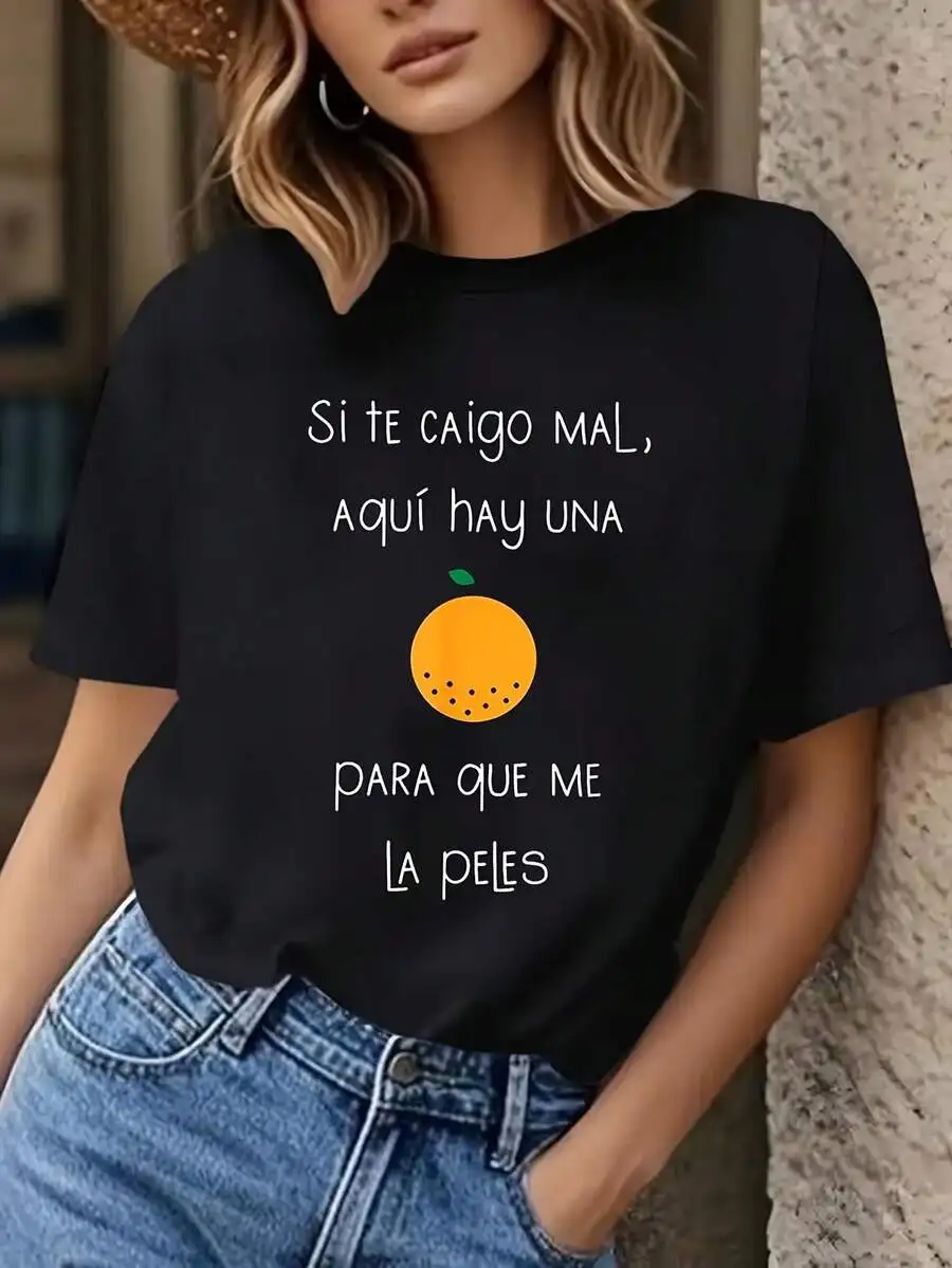 2026 Fashion New Arrival Women Crew Neck Short Sleeve T-Shirt, Funny Spanish Quote 'Si Te Caigo Mal Aquí Hay Una Para Que Me La Peles' Orange Text Graphic Print Casual Daily Outfit Basic Top T-Shirt