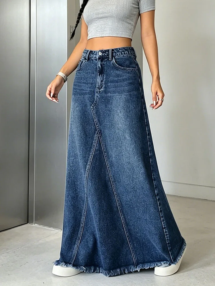 Vintage Blue Raw Edge Denim Skirts for Women Autumn New High Waist Versatile A-Line Skirt Fashion Temperament Female Long Skirts