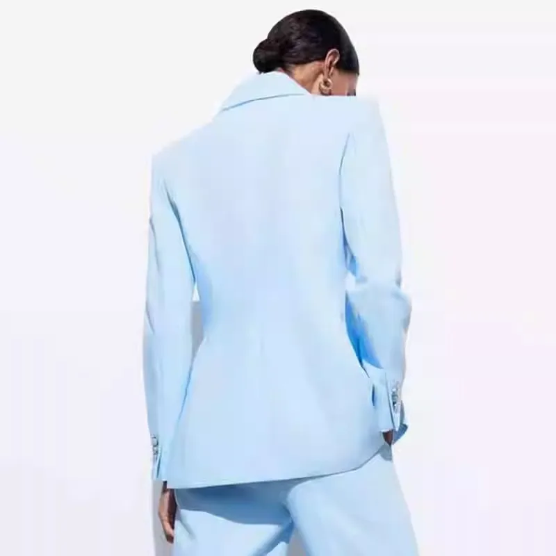 

oulder Pad Double Breasted Ankle Length High Waist Suit Jaet 2024 Spring Faion Polyester Long Sve Pure Color Women's...