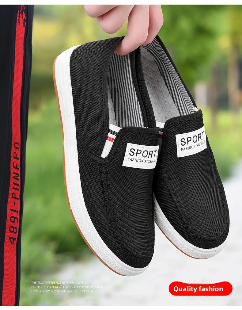 Herren-Slipper aus Canvas, atmungsaktives Obermaterial, leichte, rutschfeste Gummisohle, Sport-Label-Dekor, flache Freizeitschuhe für den täglichen Gebrauch. – Detail 2