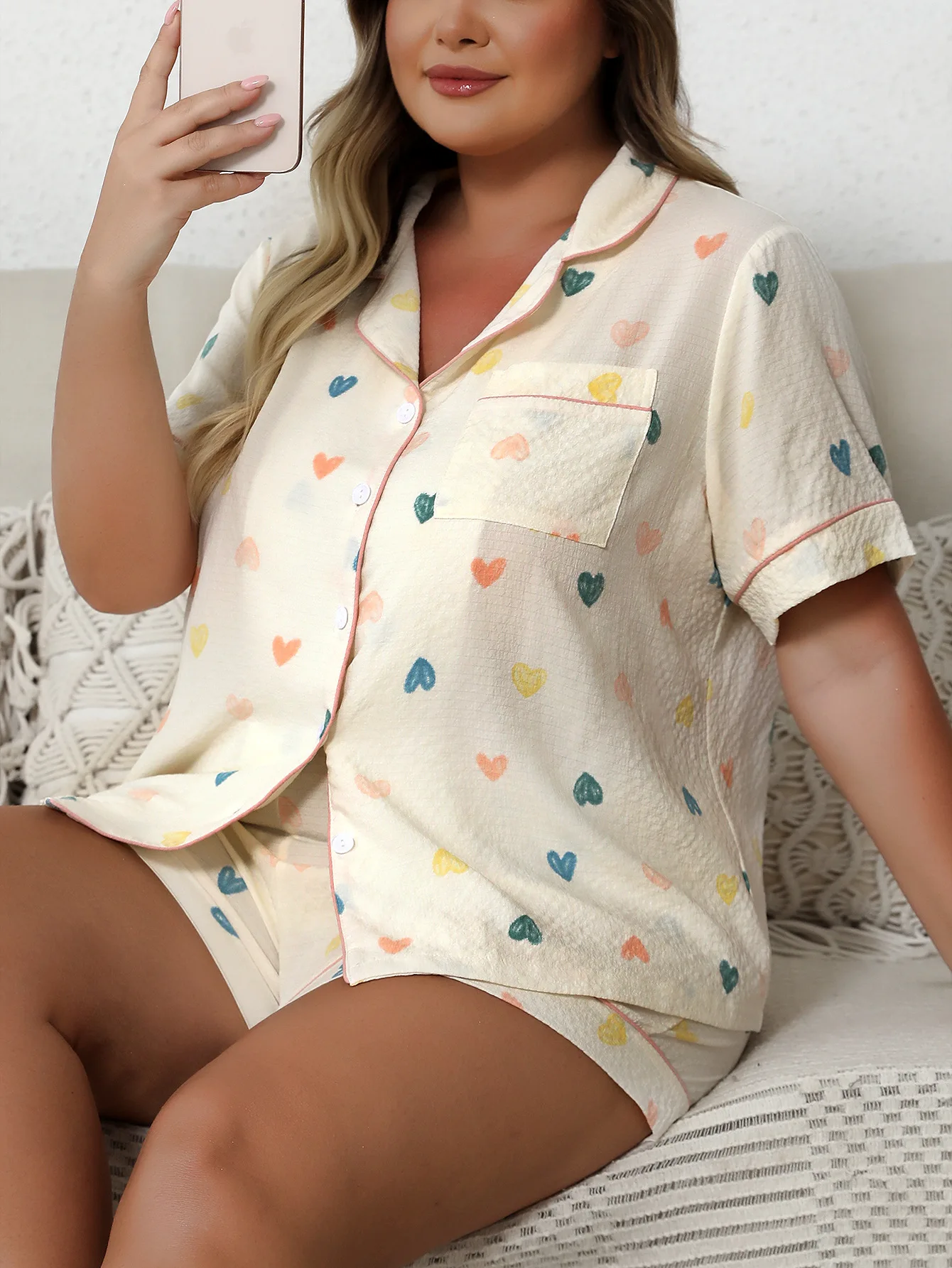 

Women Plus Size Pajamas Set Bow Plaid/Heart Print Short Sleeves Shirt and Elastic Shorts Summer Loose Loungewear Soft Sleepwear