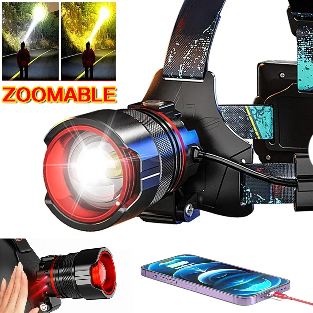 XHP70 Headlamp, Sensor Head Light, Zoomable Headlamp, Type C Rechargeable Headlamp, 7800mAh Head Torch, Fishing Headlamp