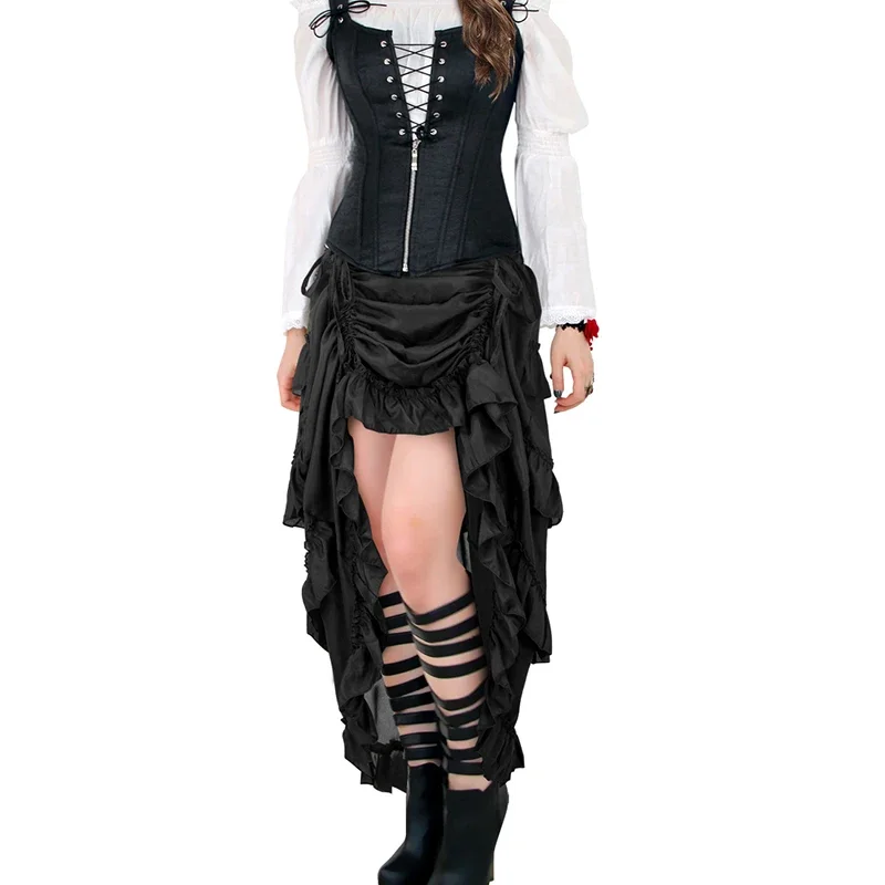 المرأة حجم كبير القوطية الفيكتورية Steampunk ميدي تنورة مثير عالية منخفضة الكشكشة خمر مرونة مطوي مشد التنانير الحفلات