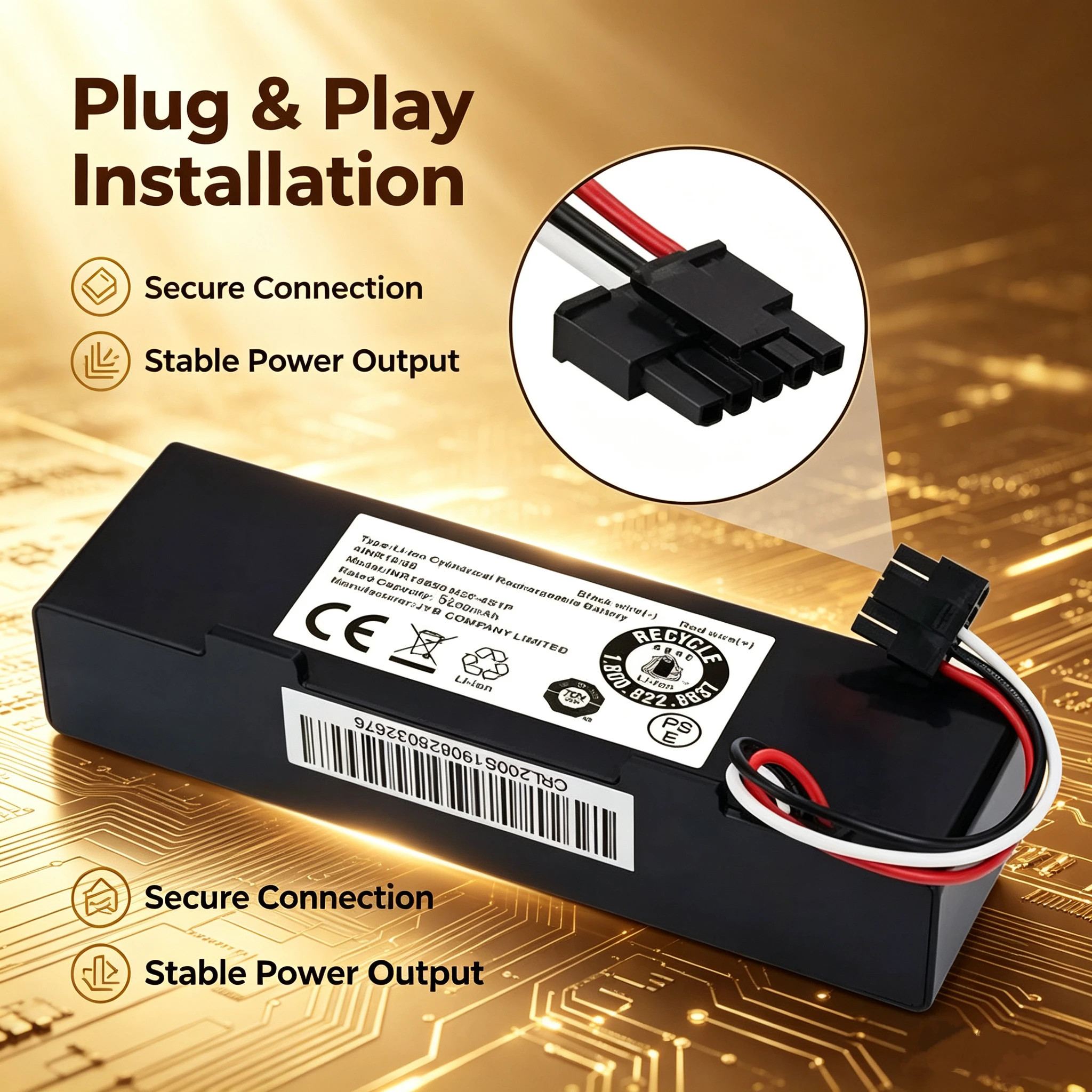 Rechargeable 14.4V Li-ion Battery Pack 5200mAh, Long Cycle Life Lithium Battery with Safety BMS Board, Replacement Power Supply