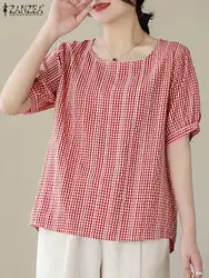 2024 ZANZEA Summer Plaid Checked Blouse Elegant Women Short Sleeve O Neck Tops Casual Shirt Female Elegant Work Blusas Chemise