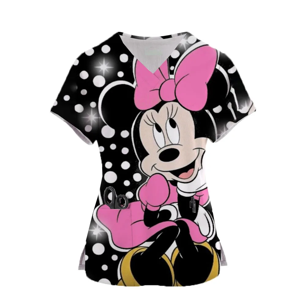 

Women's Mickey Mouse Nursing Working Uniform Clothes Short Sleeve Nurse Uniform V Neck Tops Working T Shirt With Pockets