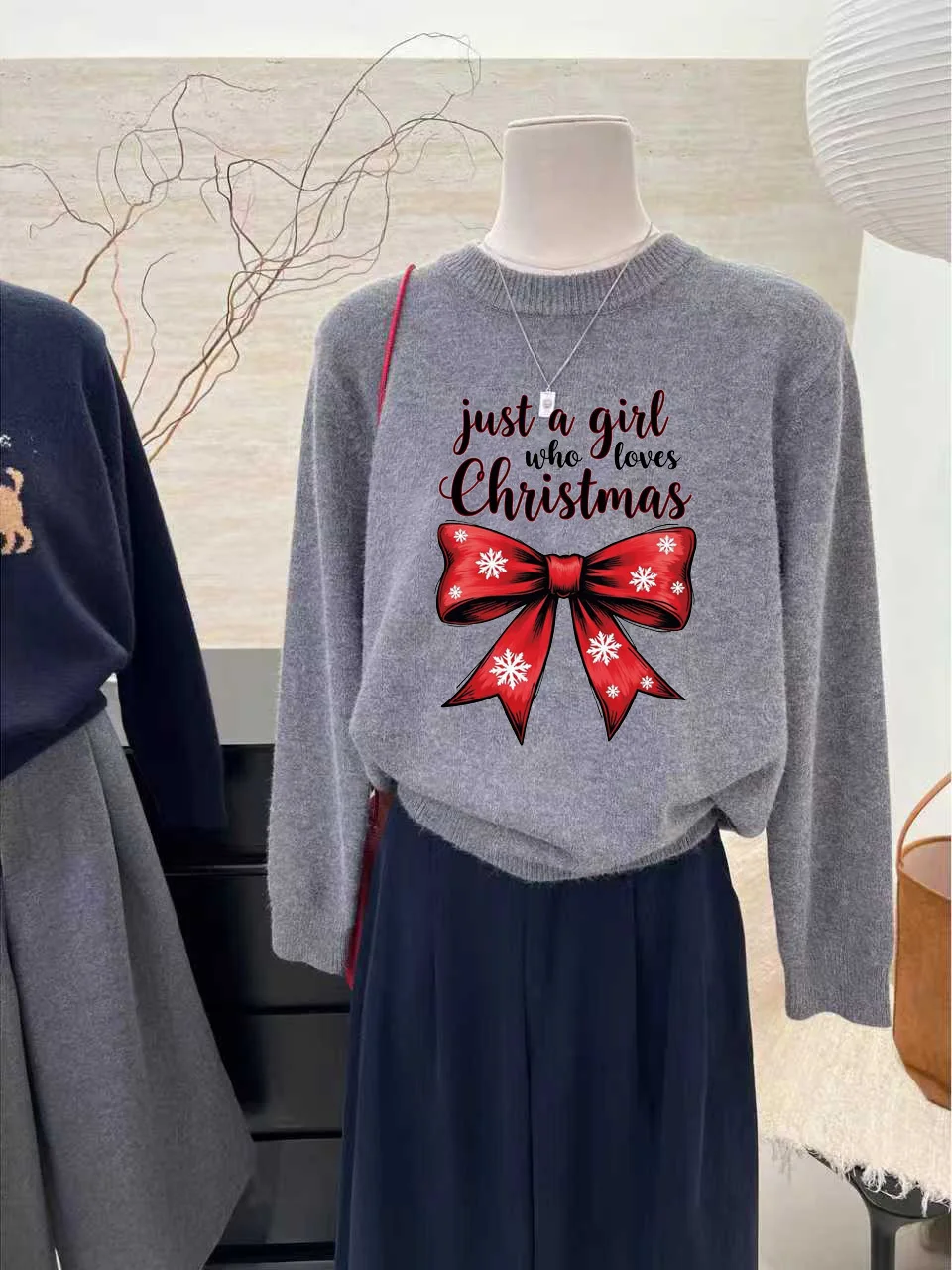 Suéter Festivo de Punto Color Vino Tinto, Cuello Redondo, Manga Larga, Top de Mujer con Lazo ande, Ropa Cálida de Moda para...