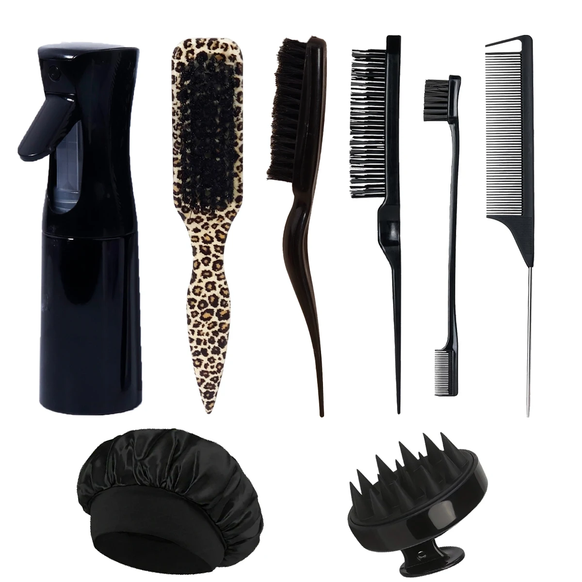

8pcs hair styling comb set - spray bottle, night cap, shampoo brush, edge control, hair salon tool, special for real hair wigs