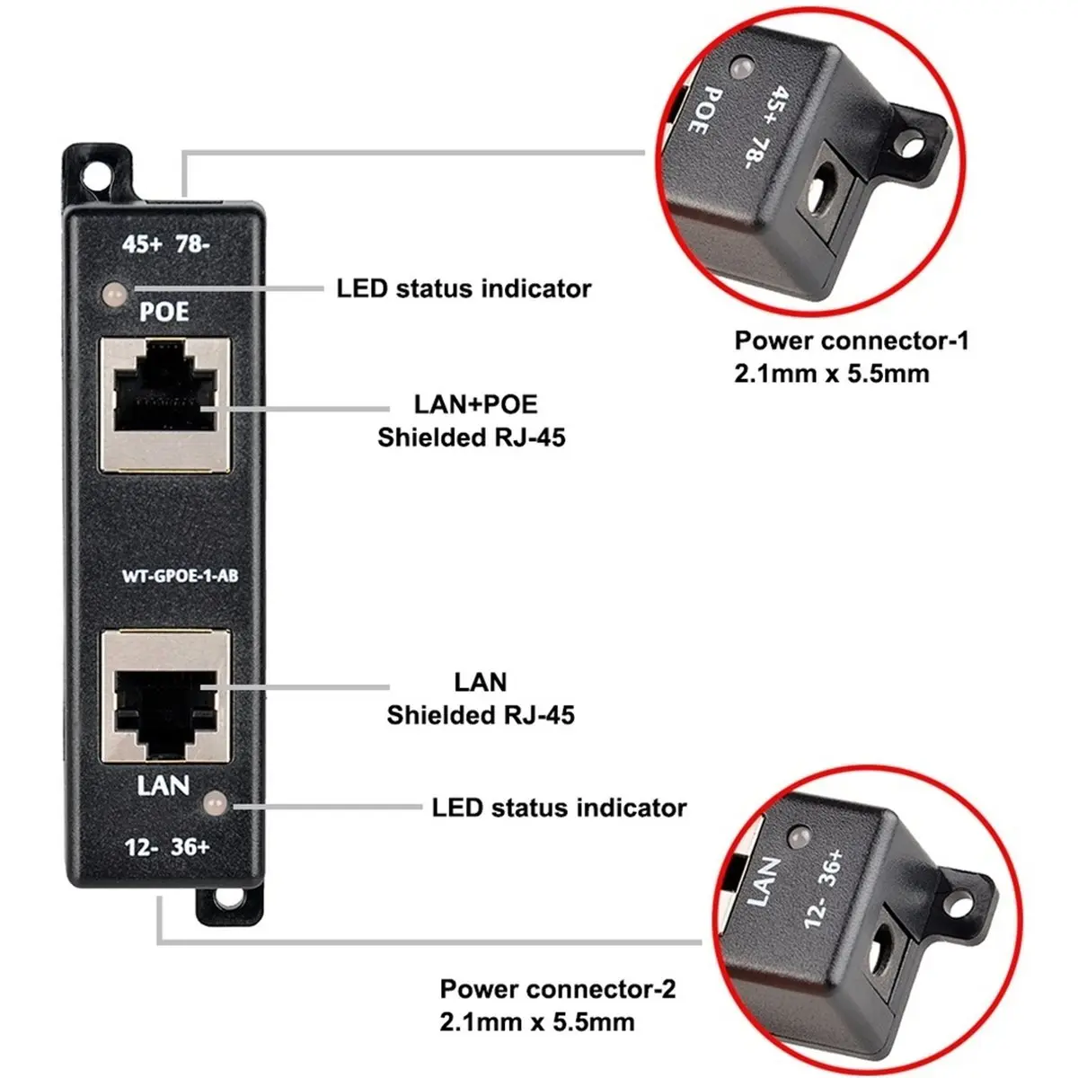A85P Single Port 1000mbps PoE Injector 12-56V DC 4 Pairs 90W High Power, Support Passive POE for PTZ Cameras Access Points