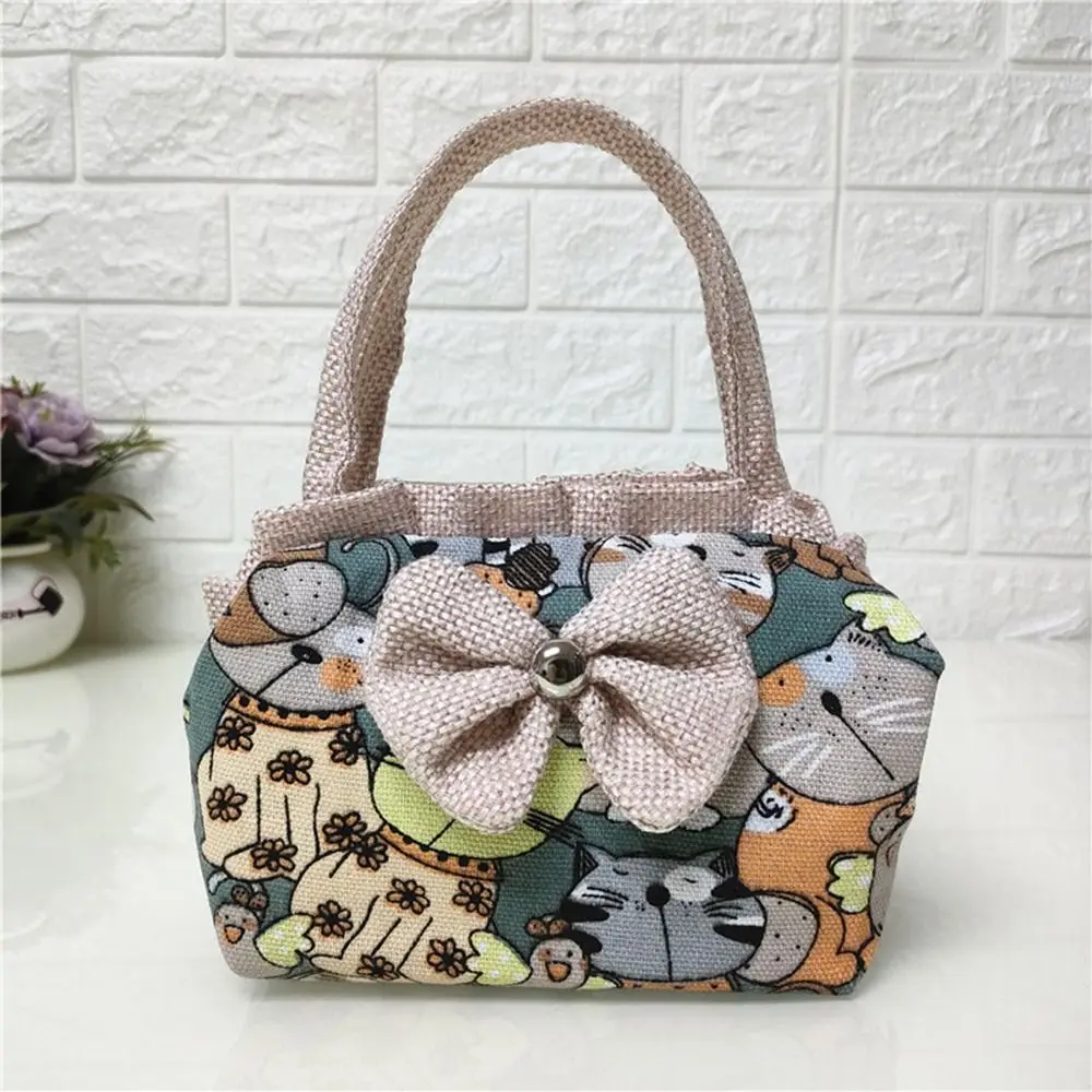 

Women Bow Mini Handbag Cotton Canvas Large Capacity Underarm Shopping Tote Phone Purse Handle Bag