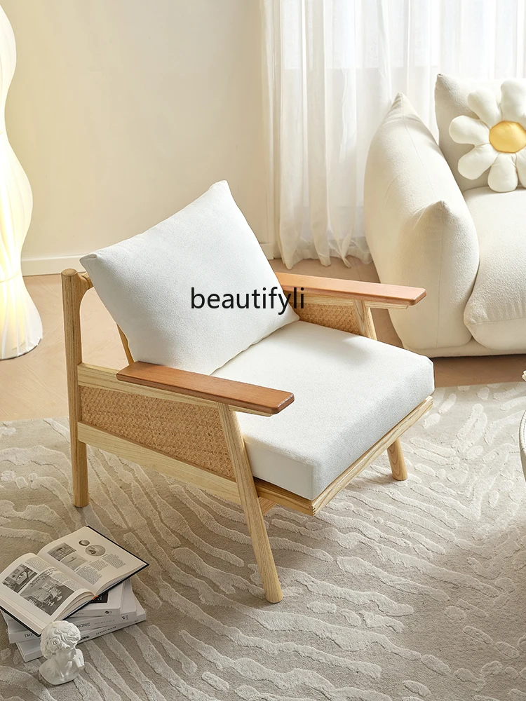 

Japanese Style Solid Wood Sofa Chair Small Apartment Balcony Recliner Armchair Designer Home Leisure Rattan Chair