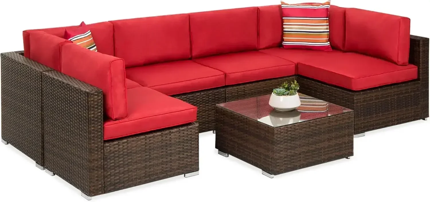 7-Piece Modular Outdoor Sectional Wicker Patio Conversation Set w/ 2 Pillows, Coffee Table,Brown/Red