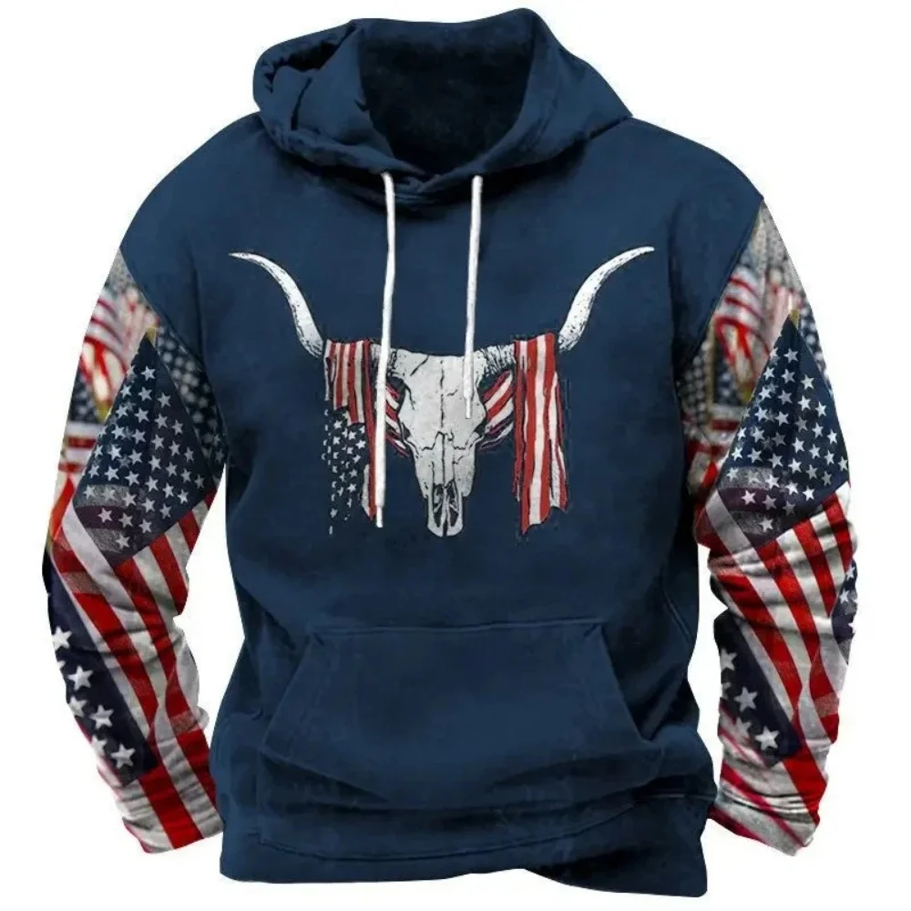 

3D Printed Vintage Hoodies For Men USA Flag Graphic Long Sleeve Streetwear Fashion Oversized Hooded Sweatshirts Personality Tops