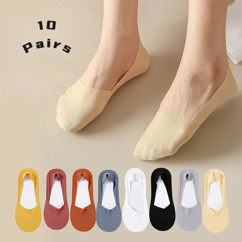 10 Socks Ladies Shallow Mouth Invisible Ice Silk Boat Socks Summer Breathable Silicone Non-slip Anti-odor Ultra-thin Short Socks