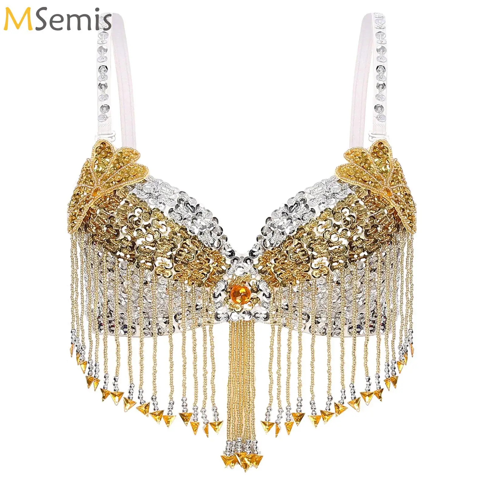 

Womens Sequins Belly Dance Tops Raves Festival Party Clubwear Beaded Tassels Bra Halloween Dance Stage Performance Costumes